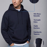 Orta Lacivert Kapüşonlu Oversize Pamuklu Sweatshirt