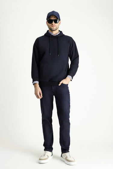 Orta Lacivert Kapüşonlu Oversize Pamuklu Sweatshirt