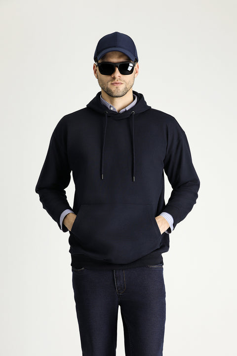 Orta Lacivert Kapüşonlu Oversize Pamuklu Sweatshirt