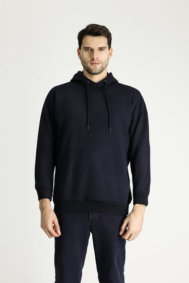 Orta Lacivert Kapüşonlu Oversize Pamuklu Sweatshirt