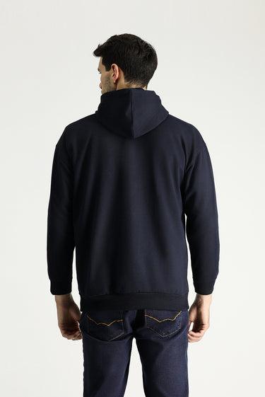 Orta Lacivert Kapüşonlu Oversize Pamuklu Sweatshirt