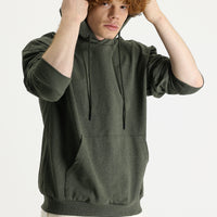 Orta Haki Kapüşonlu Oversize Pamuklu Sweatshirt