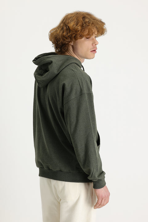 Orta Haki Kapüşonlu Oversize Pamuklu Sweatshirt