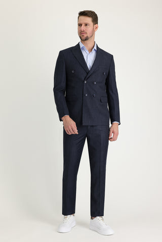  Koyu Lacivert Melanj 7 Drop Slim Fit Dar Kesim Kruvaze Takım Elbise