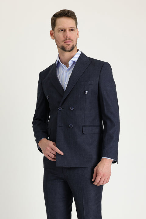 Koyu Lacivert Melanj 7 Drop Slim Fit Dar Kesim Kruvaze Takım Elbise