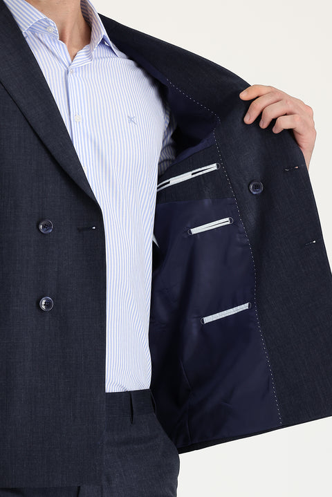 Koyu Lacivert Melanj 7 Drop Slim Fit Dar Kesim Kruvaze Takım Elbise