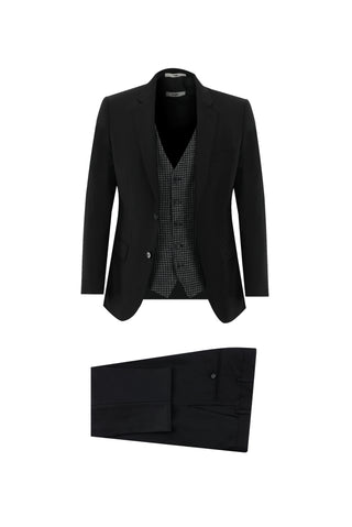  Siyah 7 Drop Slim Fit Dar Kesim Kombinli Yelekli Takım Elbise