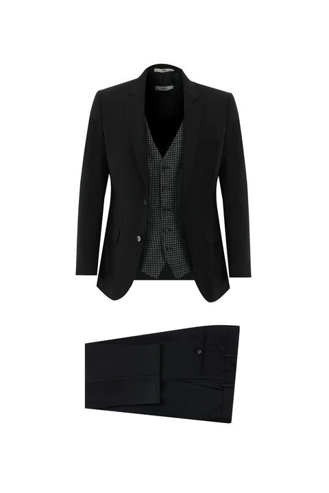 Siyah 7 Drop Slim Fit Dar Kesim Kombinli Yelekli Takım Elbise