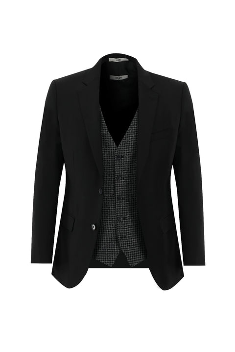 Siyah 7 Drop Slim Fit Dar Kesim Kombinli Yelekli Takım Elbise