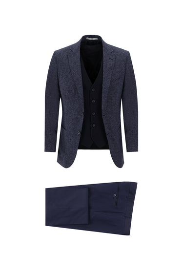 Koyu Lacivert Slim Fit Dar Kesim Kombinli Yelekli Takım Elbise