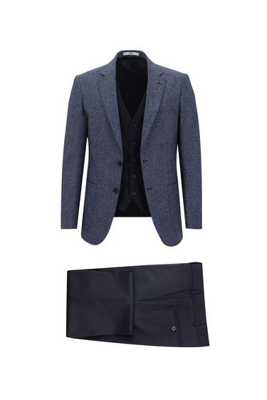 Saks Mavi Slim Fit Dar Kesim Kombinli Yelekli Takım Elbise