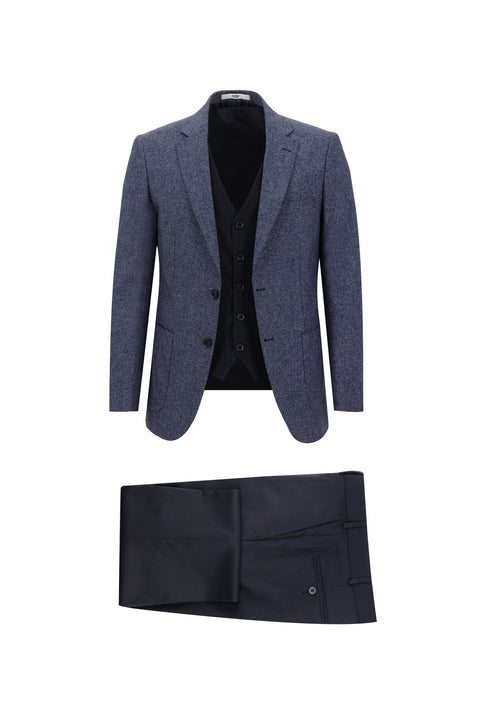 Saks Mavi 7 Drop Slim Fit Dar Kesim Kombinli Yelekli Takım Elbise