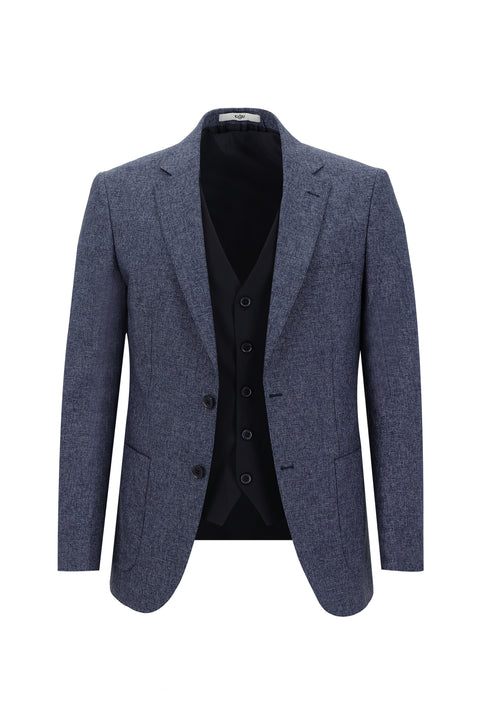 Saks Mavi 7 Drop Slim Fit Dar Kesim Kombinli Yelekli Takım Elbise