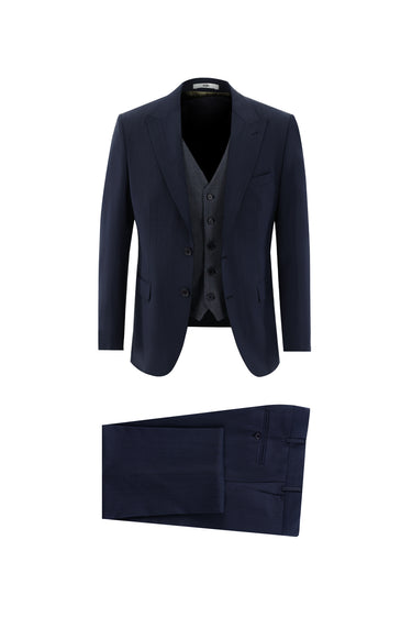 Koyu Lacivert Slim Fit Dar Kesim Yünlü Kombinli Takım Elbise