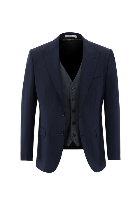 Koyu Lacivert 7 Drop Slim Fit Dar Kesim Yünlü Kombinli Takım Elbise