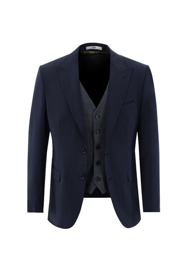 Koyu Lacivert Slim Fit Dar Kesim Yünlü Kombinli Takım Elbise