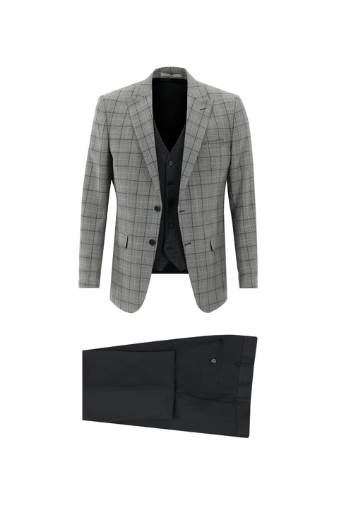 Orta Gri 6 Drop Regular Fit Standart Kesim Yünlü Kombinli Yelekli Takım Elbise