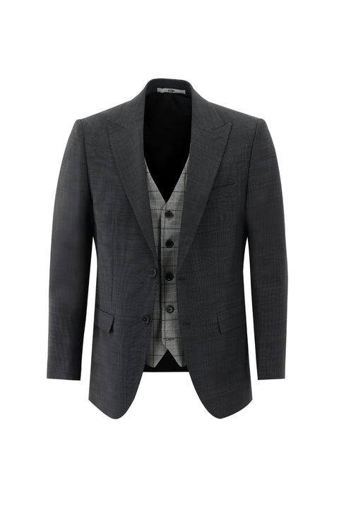 Siyah 6 Drop Regular Fit Standart Kesim Yünlü Kombinli Yelekli Takım Elbise