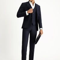 Koyu Lacivert Slim Fit Dar Kesim Yelekli Klasik Takım Elbise