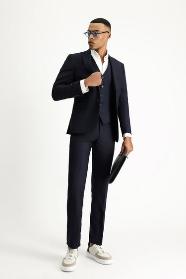 Koyu Lacivert Slim Fit Dar Kesim Yelekli Klasik Takım Elbise