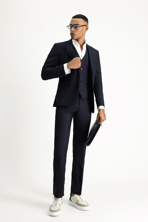 Koyu Lacivert 7 Drop Slim Fit Dar Kesim Yelekli Takım Elbise