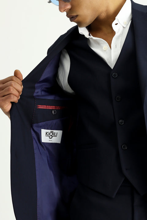Koyu Lacivert 7 Drop Slim Fit Dar Kesim Yelekli Takım Elbise
