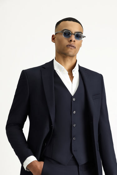Koyu Lacivert Slim Fit Dar Kesim Yelekli Klasik Takım Elbise