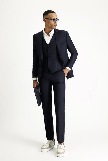 Koyu Lacivert Slim Fit Dar Kesim Yelekli Klasik Takım Elbise
