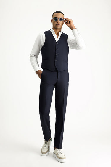 Koyu Lacivert Slim Fit Dar Kesim Yelekli Klasik Takım Elbise
