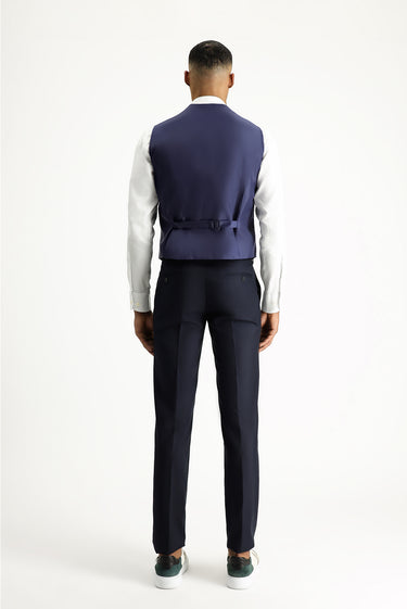Koyu Lacivert Slim Fit Dar Kesim Yelekli Klasik Takım Elbise