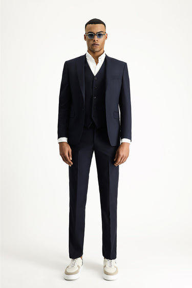 Koyu Lacivert Slim Fit Dar Kesim Yelekli Klasik Takım Elbise