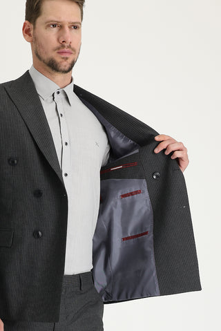  Orta Antrasit 7 Drop Slim Fit Dar Kesim Çizgili Kruvaze Takım Elbise