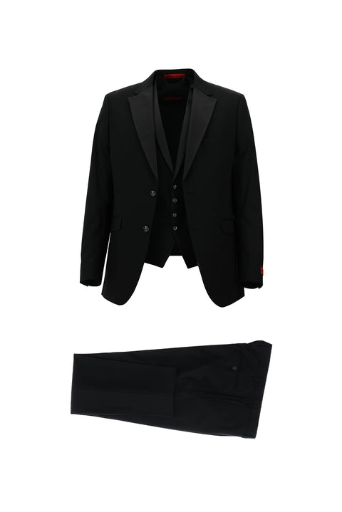 Siyah 7 Drop Slim Fit Dar Kesim Mono Yaka Yelekli Smokin & Damatlık