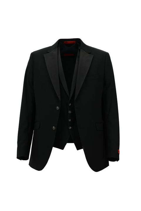 Siyah 7 Drop Slim Fit Dar Kesim Mono Yaka Yelekli Smokin & Damatlık