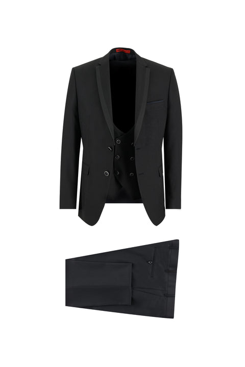 Siyah 7 Drop Slim Fit Dar Kesim Mono Yaka Yelekli Smokin & Damatlık