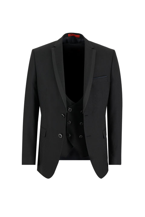 Siyah 7 Drop Slim Fit Dar Kesim Mono Yaka Yelekli Smokin & Damatlık