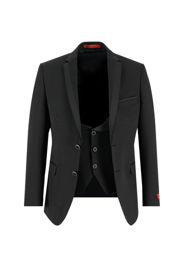 Siyah Slim Fit Dar Kesim Mono Yaka Yelekli Smokin & Damatlık
