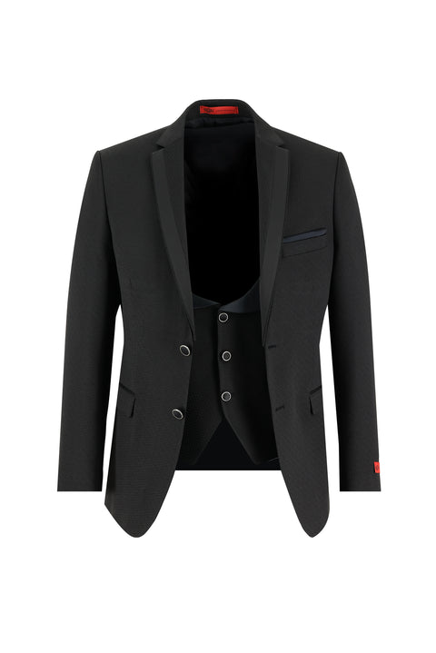 Siyah 7 Drop Slim Fit Dar Kesim Mono Yaka Yelekli Smokin & Damatlık