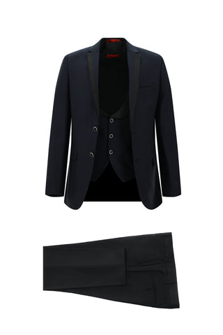  Orta Lacivert Slim Fit Dar Kesim Mono Yaka Yelekli Smokin & Damatlık