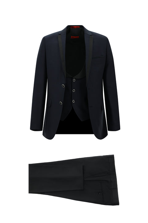 Orta Lacivert 7 Drop Slim Fit Dar Kesim Mono Yaka Yelekli Smokin & Damatlık