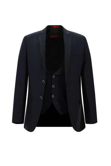  Orta Lacivert Slim Fit Dar Kesim Mono Yaka Yelekli Smokin & Damatlık