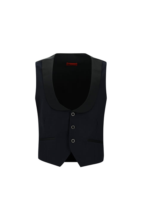 Orta Lacivert 7 Drop Slim Fit Dar Kesim Mono Yaka Yelekli Smokin & Damatlık