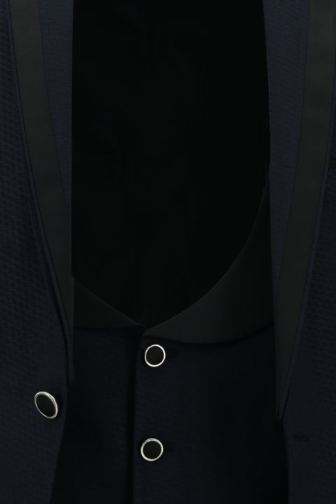 Orta Lacivert 7 Drop Slim Fit Dar Kesim Mono Yaka Yelekli Smokin & Damatlık