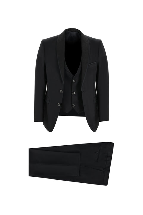 Siyah 7 Drop Slim Fit Dar Kesim Şal Yaka Yelekli Smokin & Damatlık