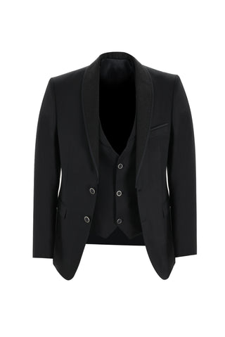  Siyah 7 Drop Slim Fit Dar Kesim Şal Yaka Yelekli Smokin & Damatlık