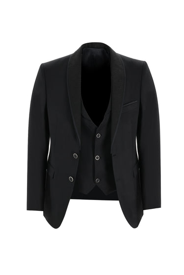 Siyah Slim Fit Dar Kesim Şal Yaka Yelekli Smokin & Damatlık