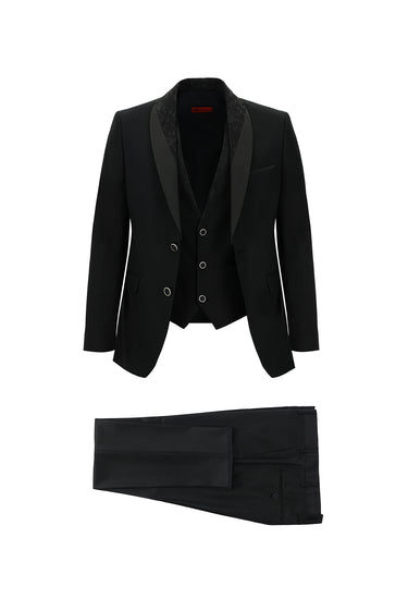 Siyah Slim Fit Dar Kesim Şal Yaka Yelekli Smokin & Damatlık