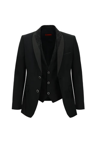  Siyah 7 Drop Slim Fit Dar Kesim ?al Yaka Yelekli Smokin & Damatl?k-Ki??l?