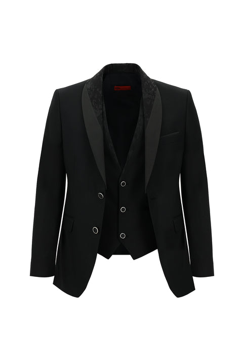 Siyah 7 Drop Slim Fit Dar Kesim Şal Yaka Yelekli Smokin & Damatlık