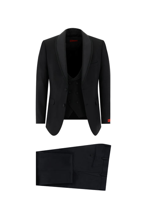 Siyah 7 Drop Slim Fit Dar Kesim Şal Yaka Yelekli Smokin & Damatlık